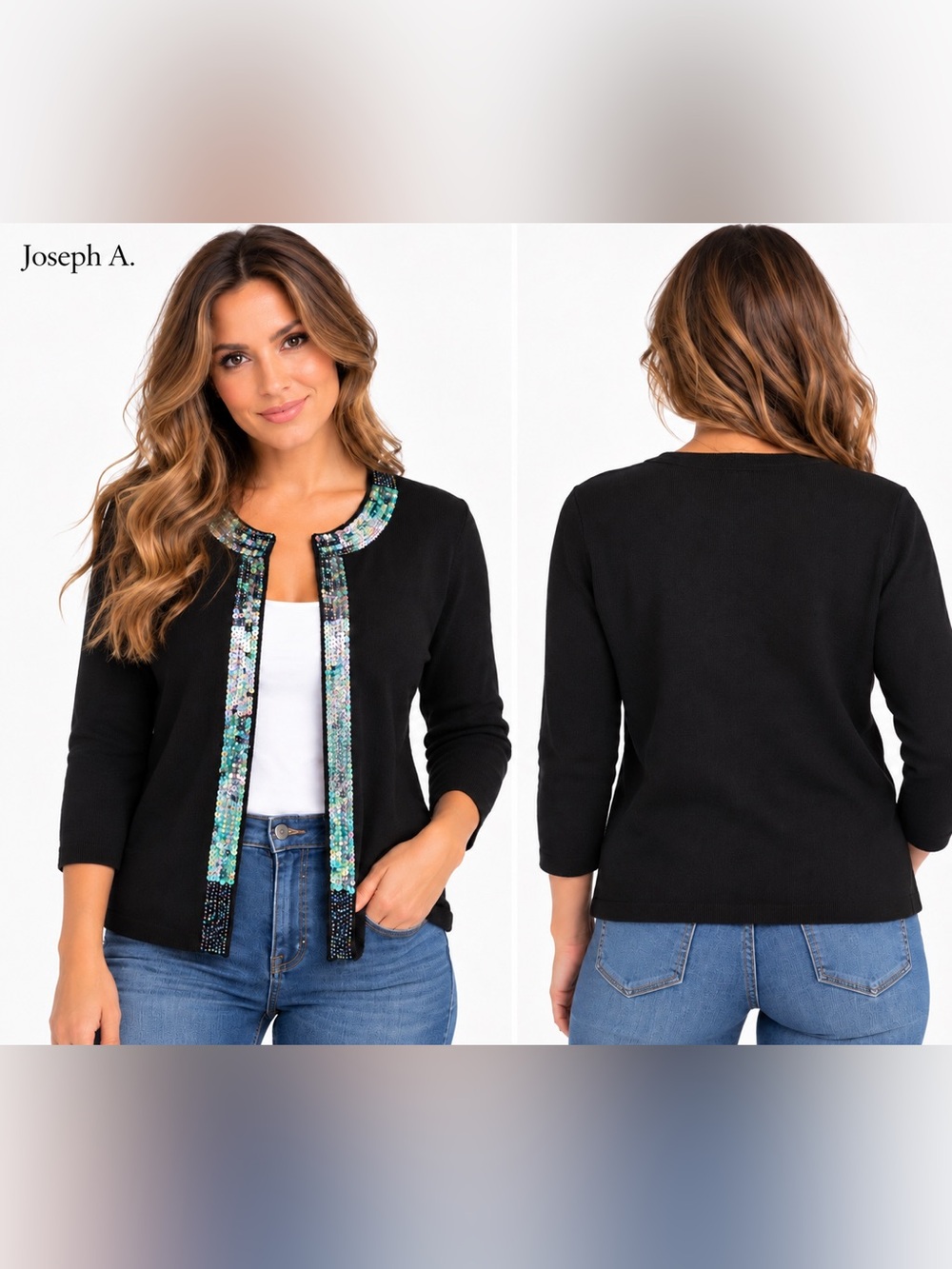 Joseph A Silk Blend Sequin Beaded Cardigan Sweater Black M Y2K Evening